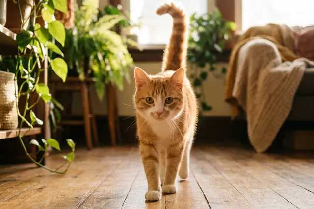 A ginger cat walking toward the camera with its tail held straight up