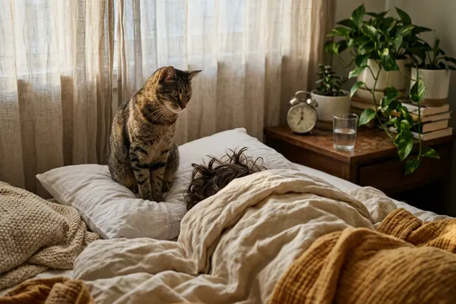 A tabby cat sitting on a pillow at dawn, waiting for its owner to wake up