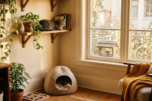 A tabby cat resting on a high wall shelf next to a sunny window